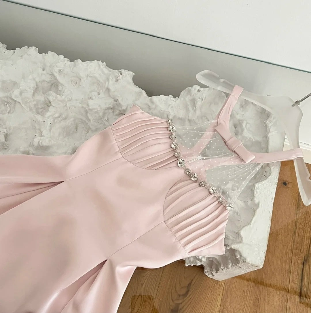 Pink Beaded Homecoming Dress Short Satin Prom Dress Birthday Dress Evening Dress nv4445