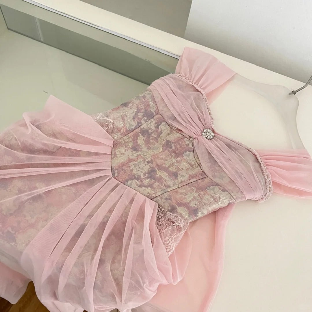 Pink floral homecoming dress short tulle prom dress birthday dress evening dress nv4447