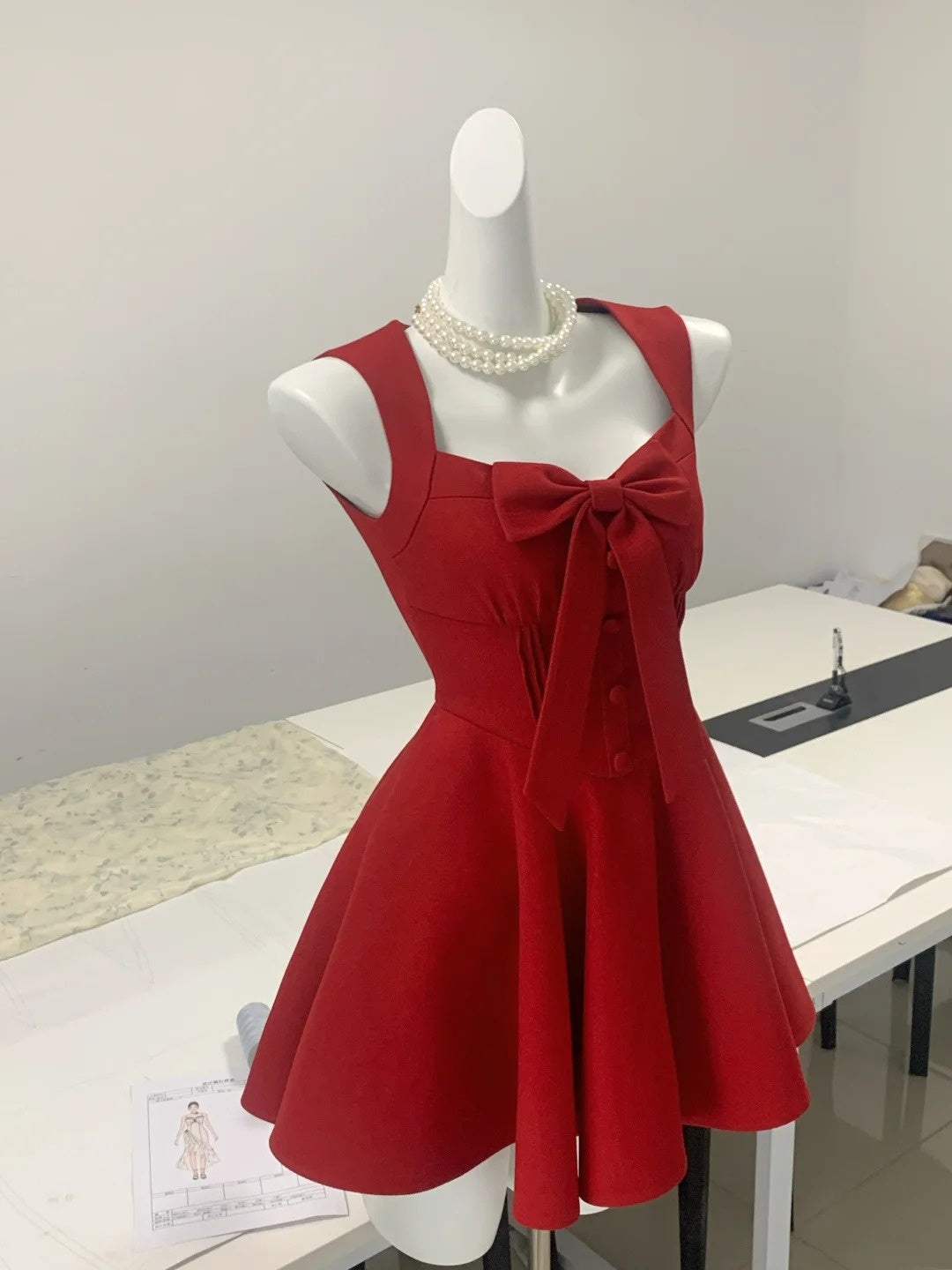 Red Fashion Sweet Bow Short Satin Homecoming Dress Prom Dress Birthday Dress nv4526