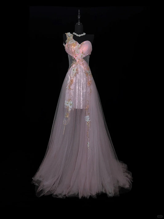 Rosa Wunderschöne Elegante Mode Exquisite Blumen Perlen Lange Meerjungfrau Satin Tüll Ballkleid Abendkleid Ballkleid nv3873