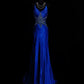 Blue Gorgeous Retro Elegant Exquisite Beaded Backless Long Floor Length Trail Satin Ball Gown Evening Gown Party Dress Prom Gown nv3964