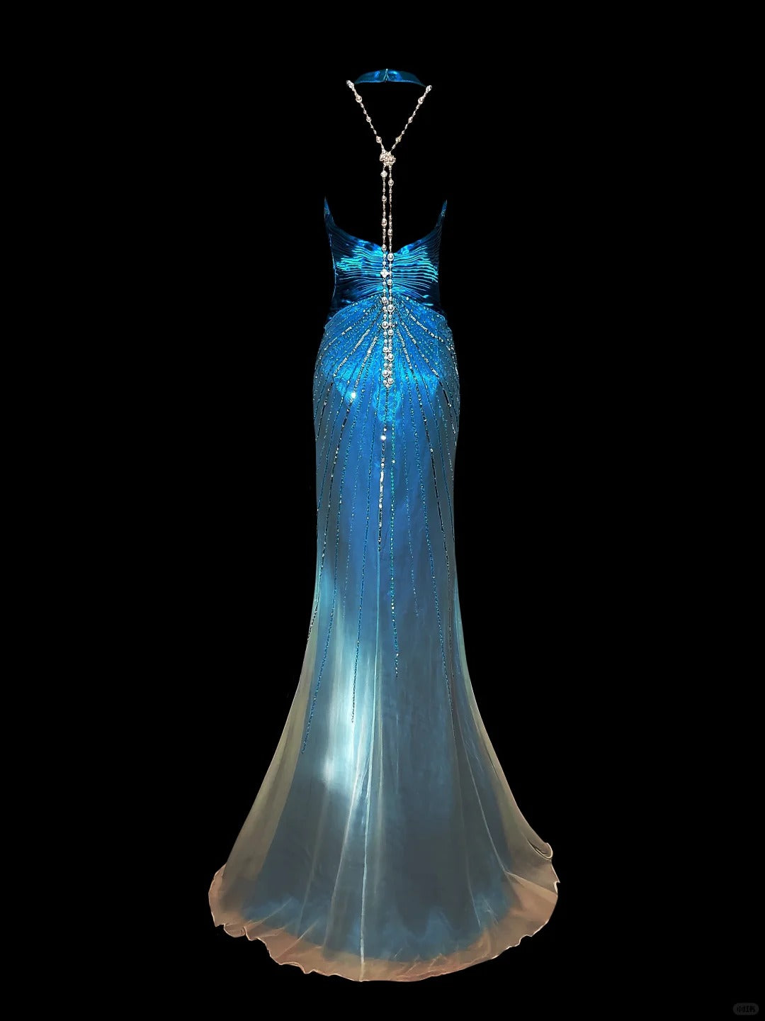 Blue shiny luxury gorgeous vintage elegant exquisite beaded backless long mermaid floor length trailing satin ball gown evening dress party dress prom dress nv3966