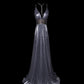 Moonlight Silver Fashion Elegant V-Ausschnitt Exquisite Perlenbesatz Lange Satin Bodenlange Schleppe Ballkleid Abendkleid Ballkleid Partykleid nv3868