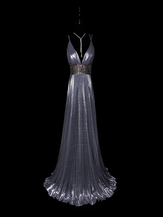 Moonlight Silver Fashion Elegant V-Ausschnitt Exquisite Perlenbesatz Lange Satin Bodenlange Schleppe Ballkleid Abendkleid Ballkleid Partykleid nv3868