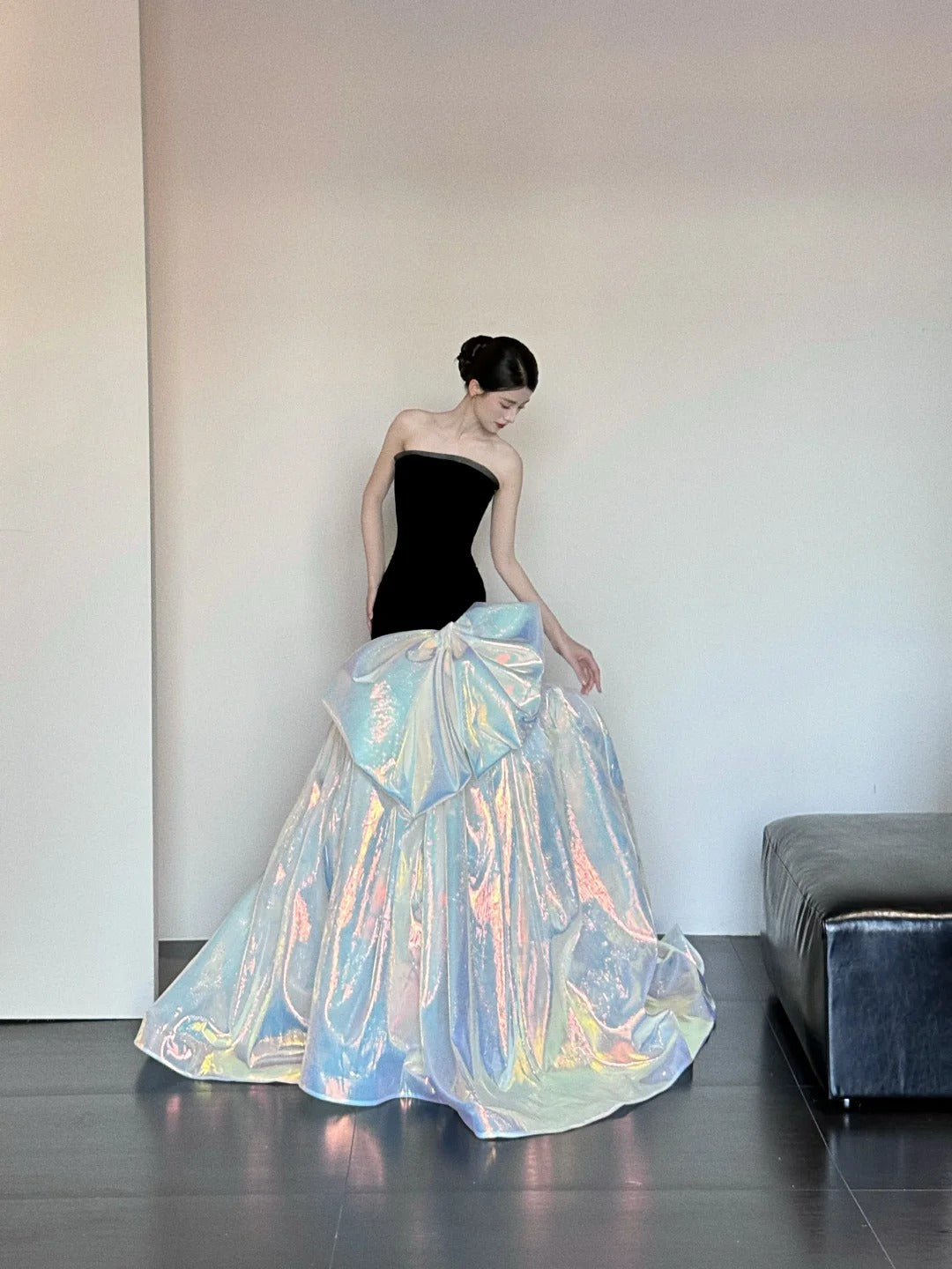 Black shiny gorgeous elegant satin long mermaid floor length ball gown evening dress nv4055