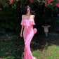 Pink Gradient Ruffled Gown: V-neck Off-the-shoulder, Fitted Mermaid, French Romantic Style NV6401