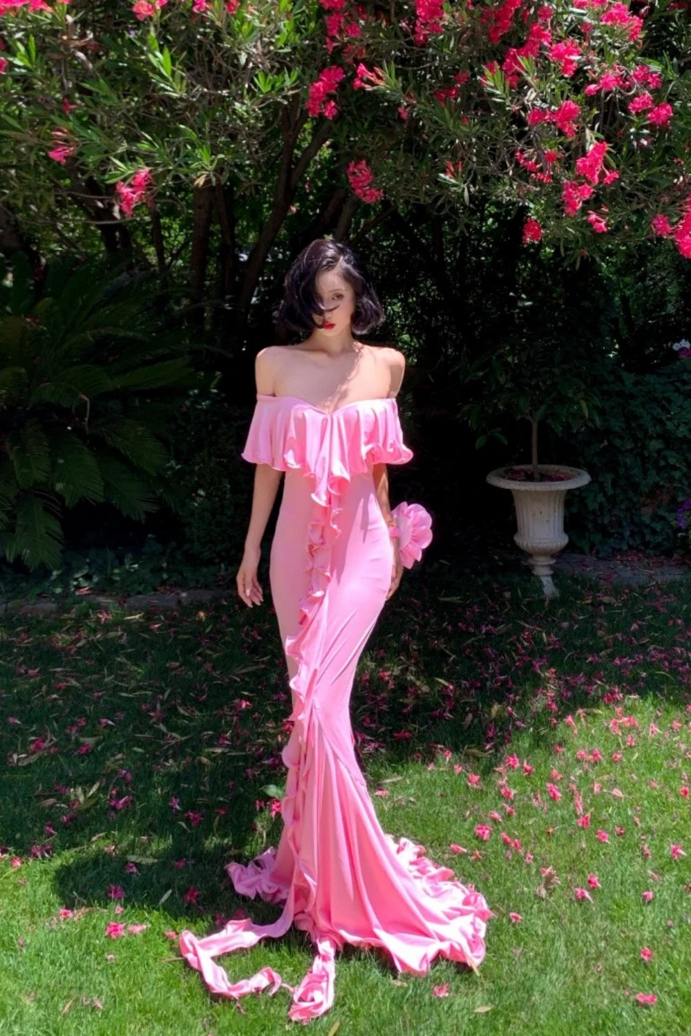 Pink Gradient Ruffled Gown: V-neck Off-the-shoulder, Fitted Mermaid, French Romantic Style NV6401