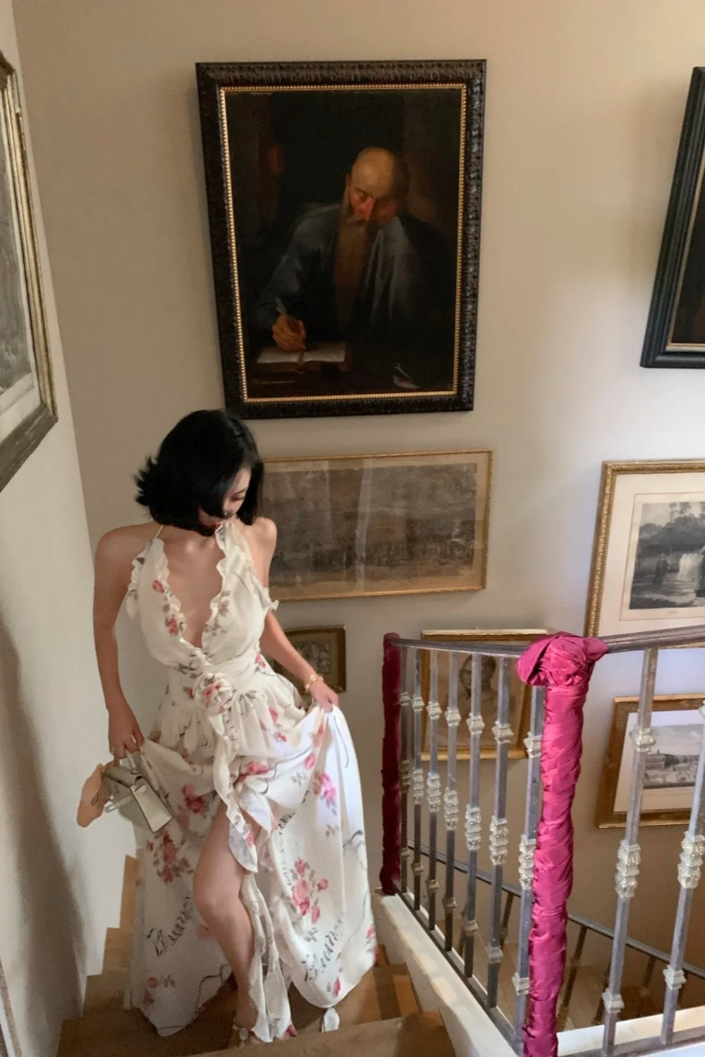 French Garden Rose Print Halter Gown: Backless Maxi, Resort Fairy Dress NV6403