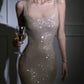 Champagne Gold Rhinestone Camisole Mermaid Dress: Deep Backless, Fitted Bodycon, Banquet Centerpiece Gown NV6414