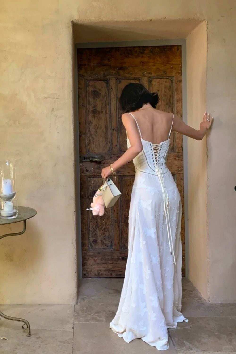 White Embellished Embroidery Gown: Thin Strap Backless, Flowy Chiffon, High-end Date Evening Gown NV6405