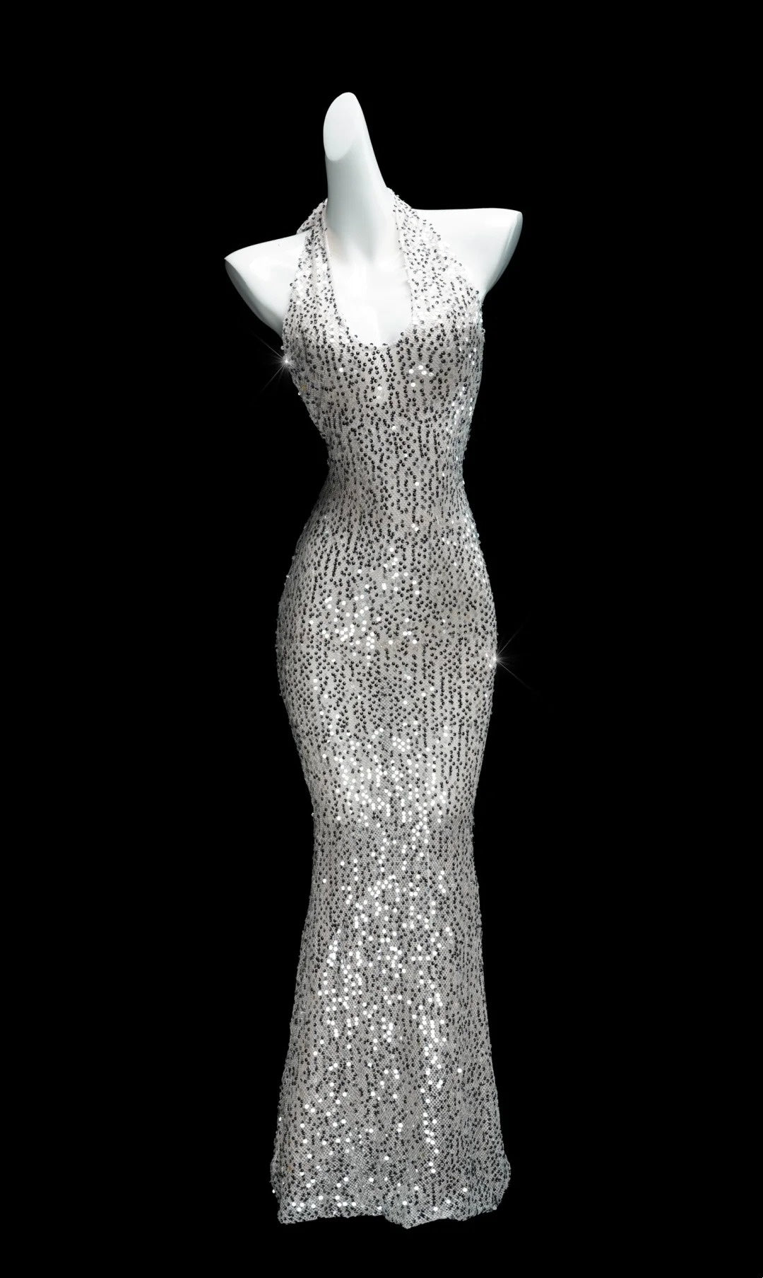 Silver Gray Sequin Halter Mermaid Dress: Deep V Backless, Fitted Train, Banquet Centerpiece Gown NV6410
