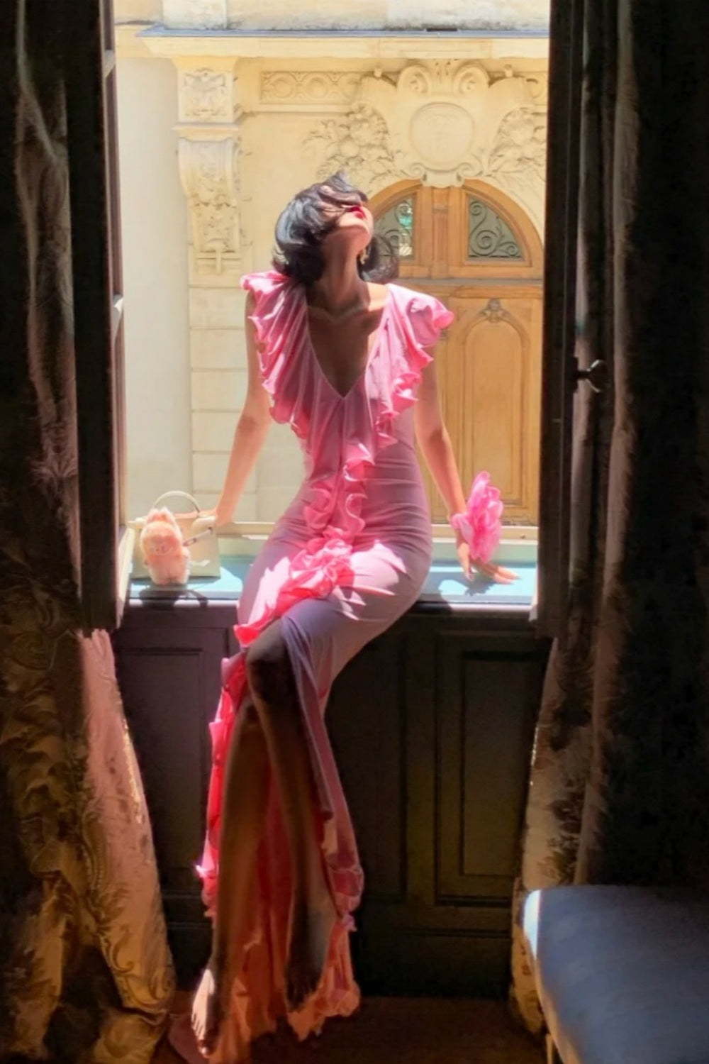 Pink Gradient Ruffled Gown: V-neck Off-the-shoulder, Fitted Mermaid, French Romantic Style NV6401