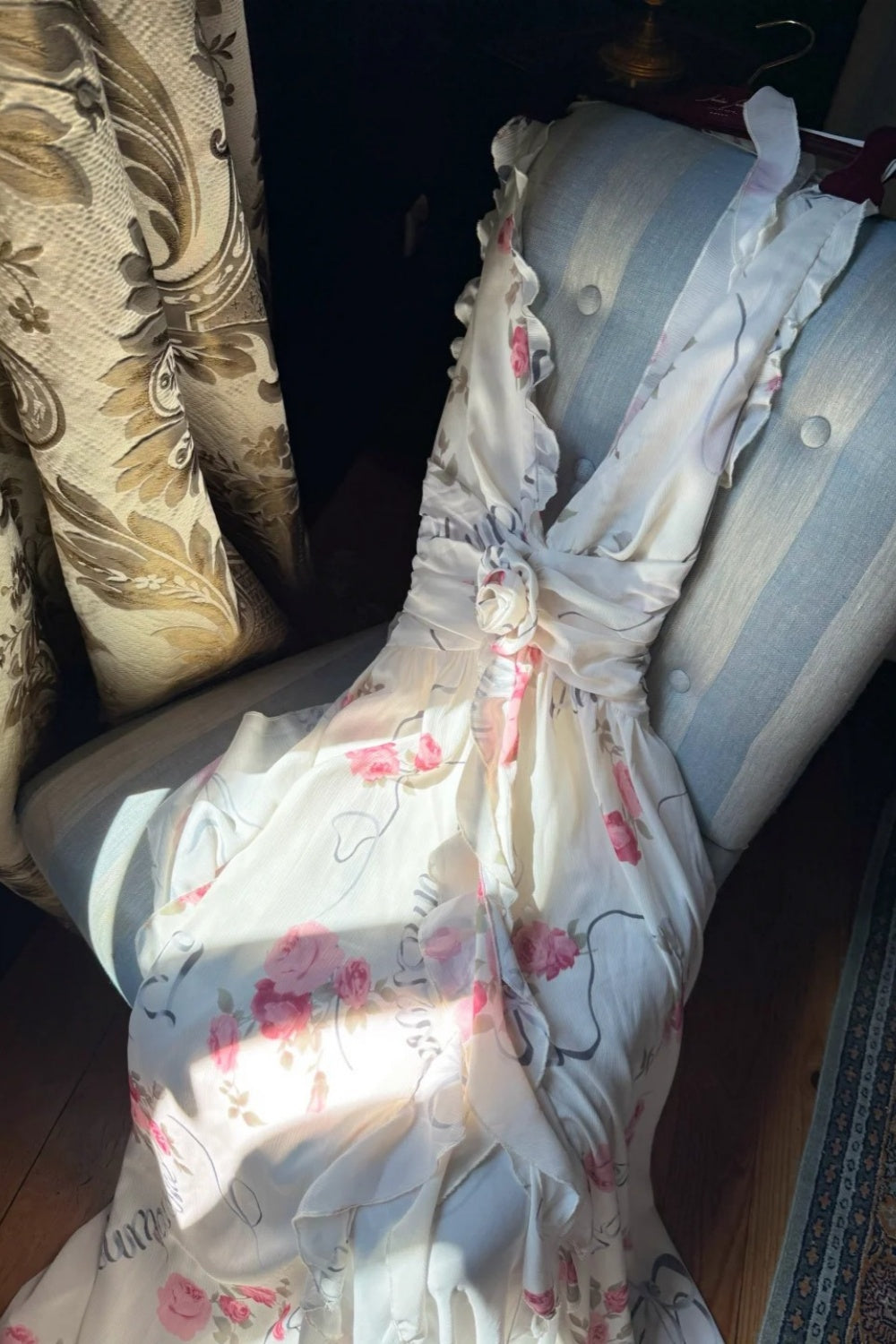 French Garden Rose Print Halter Gown: Backless Maxi, Resort Fairy Dress NV6403