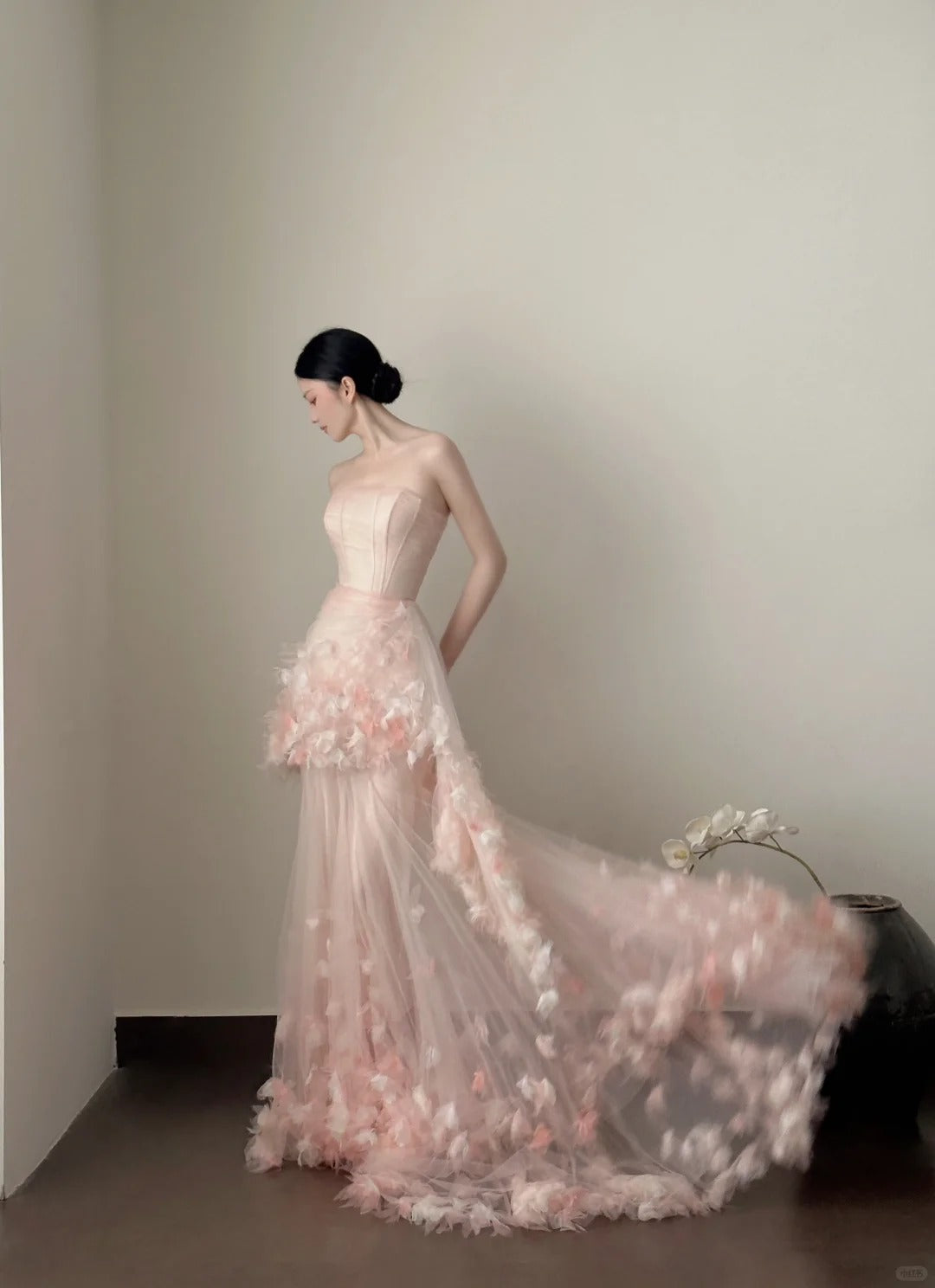 Pink Elegant Retro Fashion Romantic Long Floor Length Trailing Chiffon Tulle Ball Gown Evening Dress Birthday/Vacation/Wedding Dress Ball Gown Wedding Dress nv4075