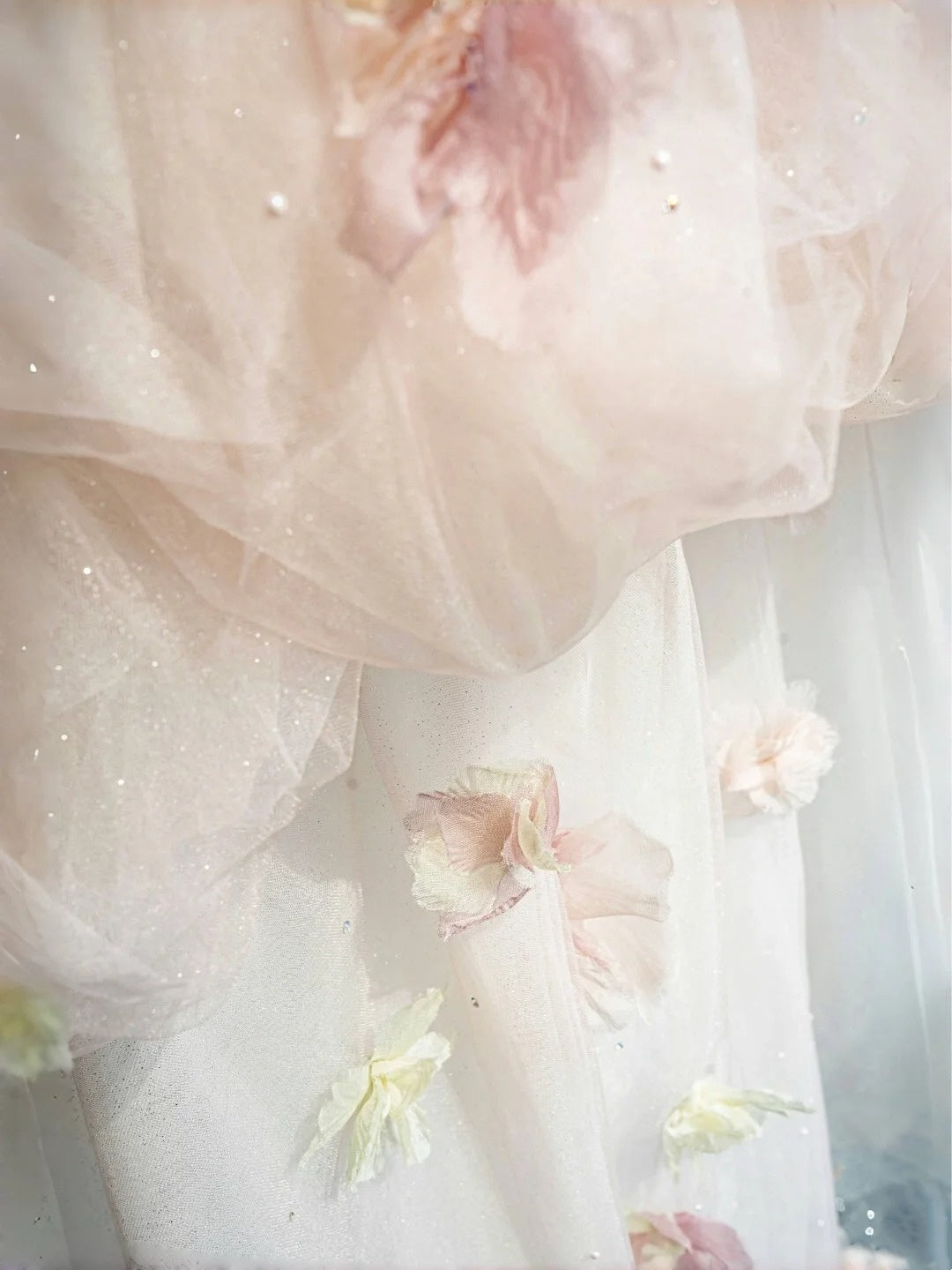 NiceVestidos--Floral Fairy Style：Pink - White 3D Floral Studded Tulle Off - Shoulder Floor - Length Wedding Dress NV5815