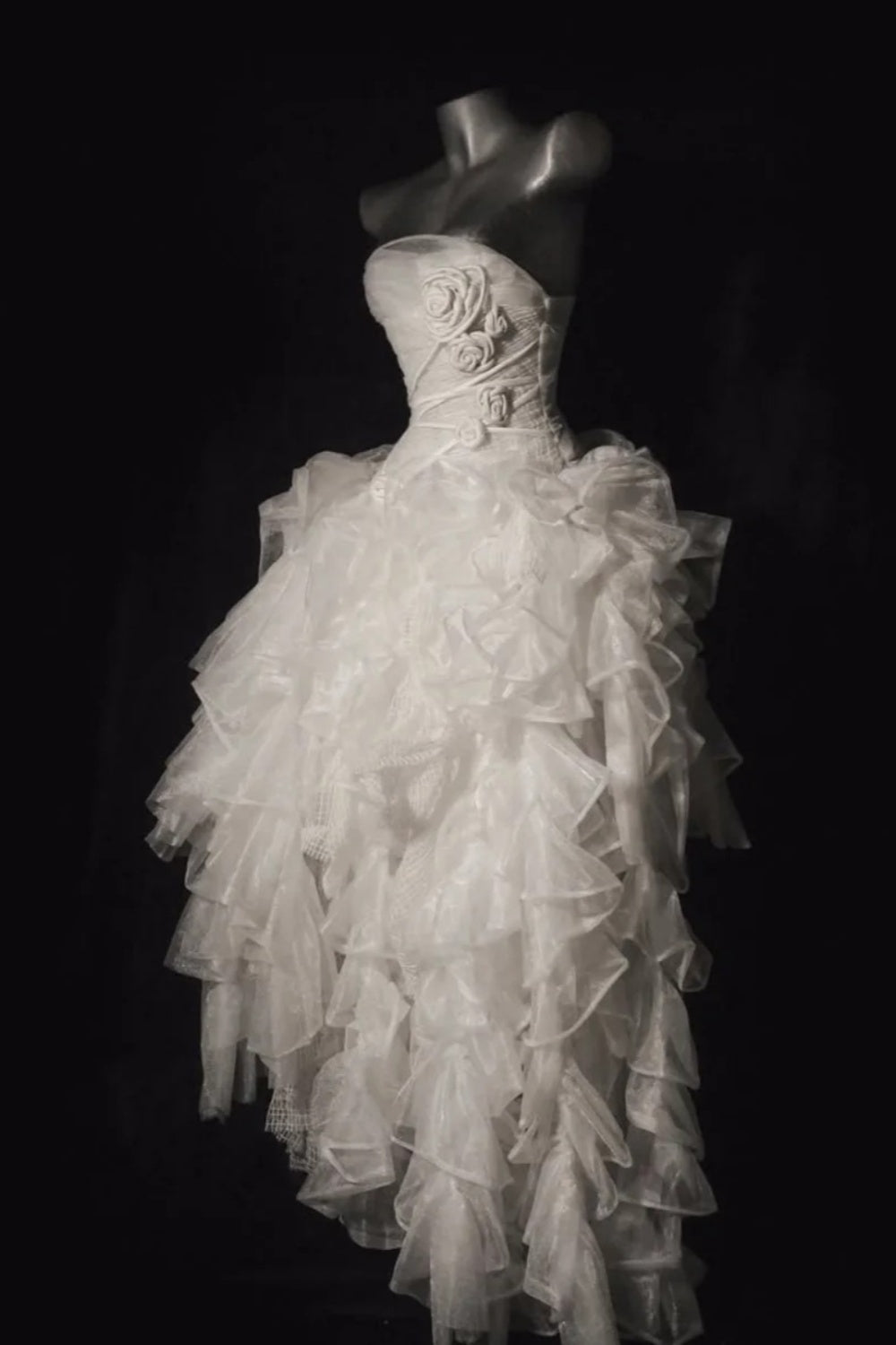 White Organza 3D Rose Gown | Strapless Asymmetrical Train Fairy Luxury Couture Evening Wedding Photo Dress NV6324