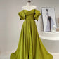 Retro Hepburn Style Olive Green Satin Off-Shoulder Puff-Sleeve Train Ballgown - Elegant Dress for Dinner & Wedding Guest  NV6360