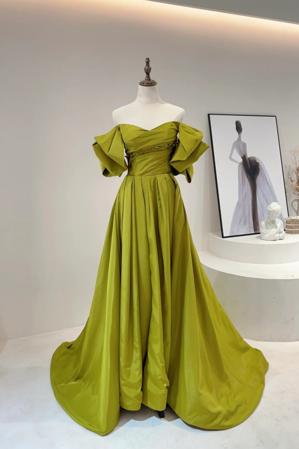 Retro Hepburn Style Olive Green Satin Off-Shoulder Puff-Sleeve Train Ballgown - Elegant Dress for Dinner & Wedding Guest  NV6360