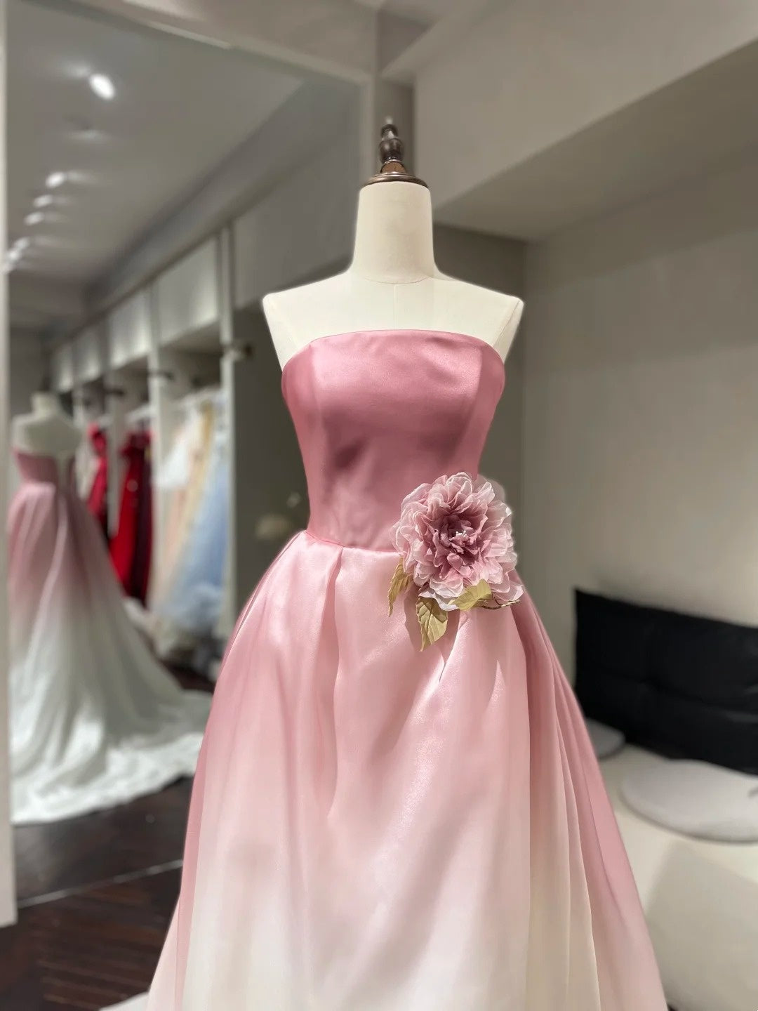 Romantic Luxury Style Pink-White Gradient Satin Strapless Train Ballgown - Elegant Dress for Engagement & Garden Wedding NV6359