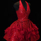 Rotes Heimkehrkleid mit Perlenbesatz und V-Ausschnitt, sexy, kurzes Ballkleid, Abendkleid, Geburtstagskleid, nv4413