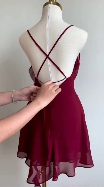Burgundy One Shoulder Fashion Short Chiffon Homecoming Dress Birthday Party Dress nv5277
