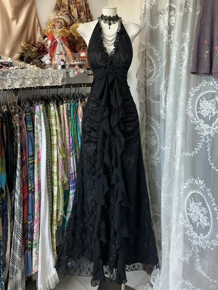 Black Halterneck Retro Fashion Elegant Suspender Long Lace Tulle Mermaid Ballgown Evening Dress Party Dress nv4203