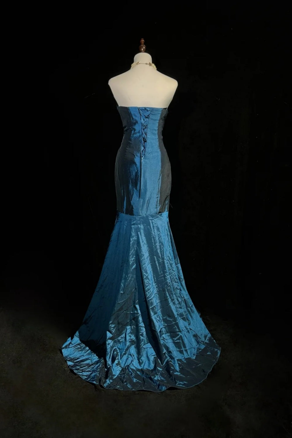 Blue Strapless Ruched Mermaid Gown with Satin Sheen & Jewel Brooch NV6871