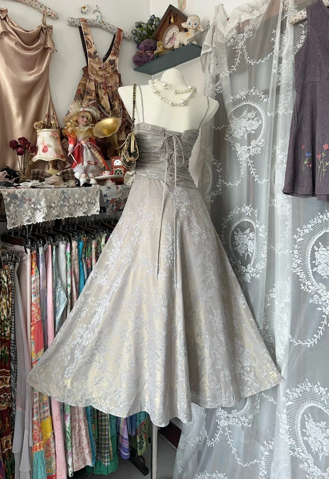 Gray Vintage Long Satin Prom Gown Evening Dress Party Dress nv4364
