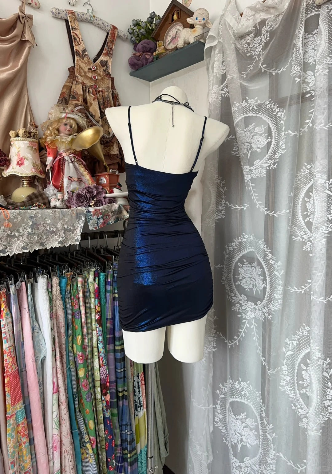 Navy Blue Vintage Elegant Short Satin Shiny Homecoming Dress Prom Dress Cocktail Party Dress nv4624