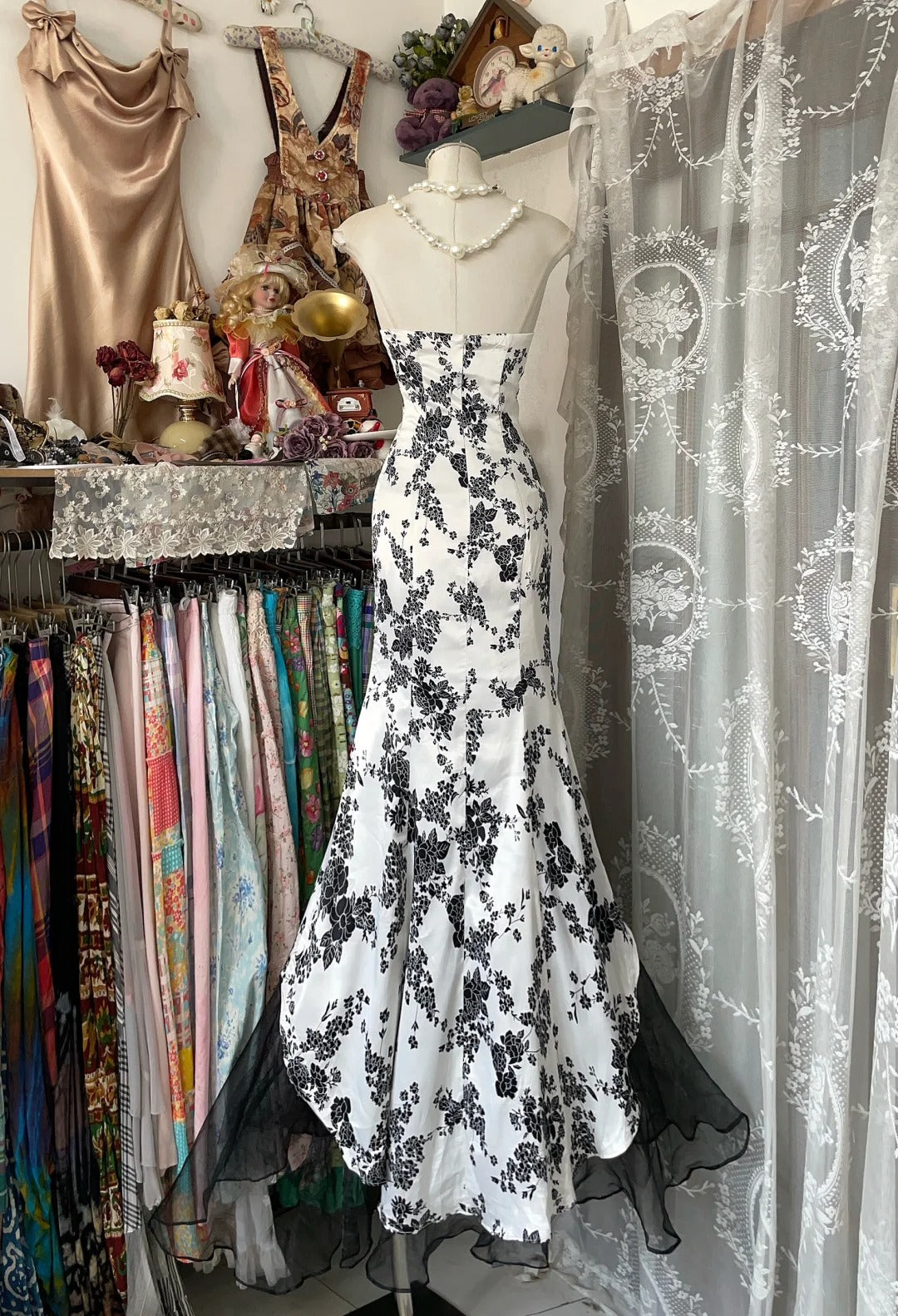 Retro black and white floral fashion long chiffon prom dress nv5427