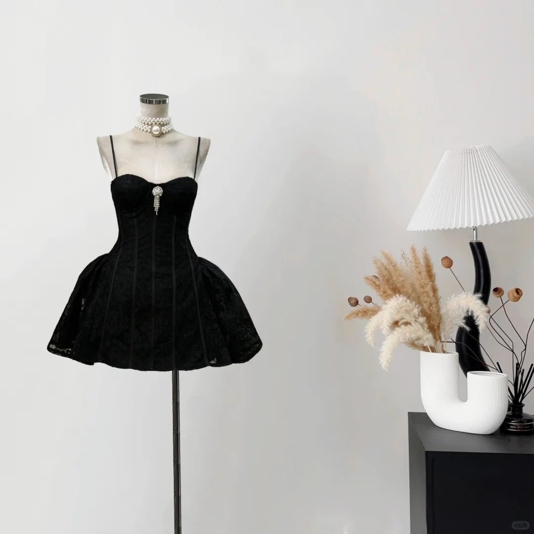 Black retro fashion spaghetti strap short velvet homecoming dress birthday party dress nv5265