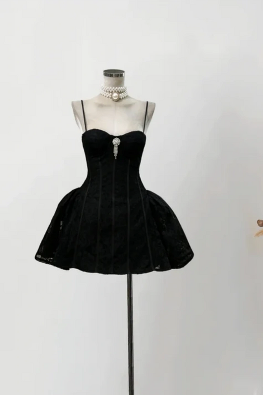 Black retro fashion spaghetti strap short velvet homecoming dress birthday party dress nv5265