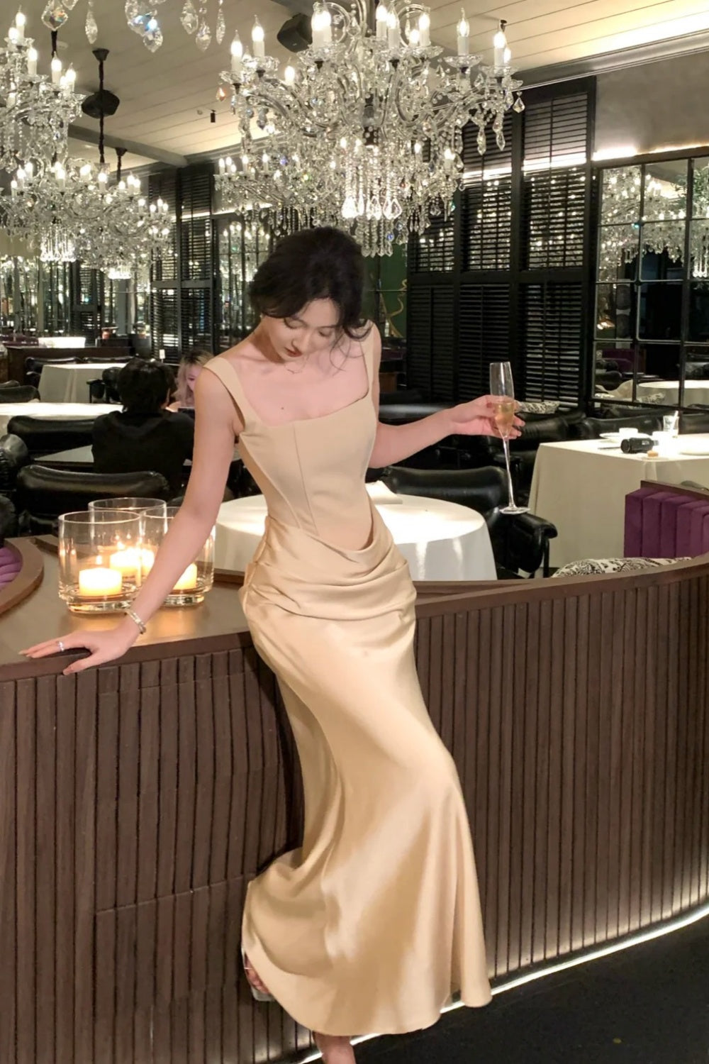 Square Neck Boned Corset Champagne Satin Mermaid Gown Draped Formal Evening Dress  NV6881