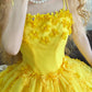 Gelbes Vintage Elegantes Blumen Perlen Langes Tüll Prinzessin Ballkleid nv5009