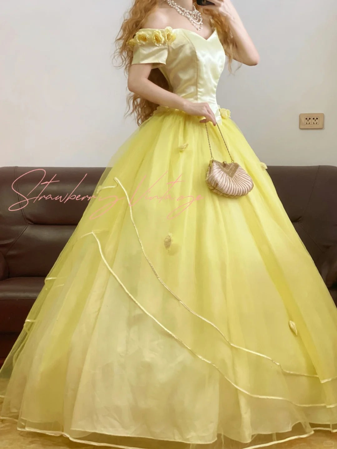 Yellow vintage elegant tulle long princess ball gown evening dress nv5003