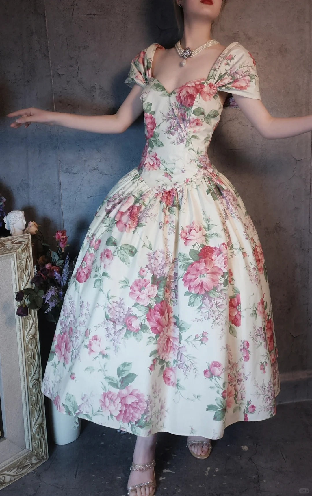 Charming pink vintage floral long satin prom dress nv5435