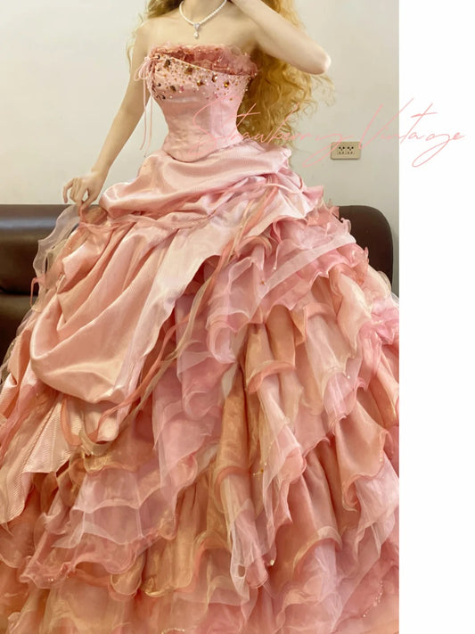 Rosa Perlen Vintage Elegantes Langes Prinzessin Satin Ballkleid nv5031