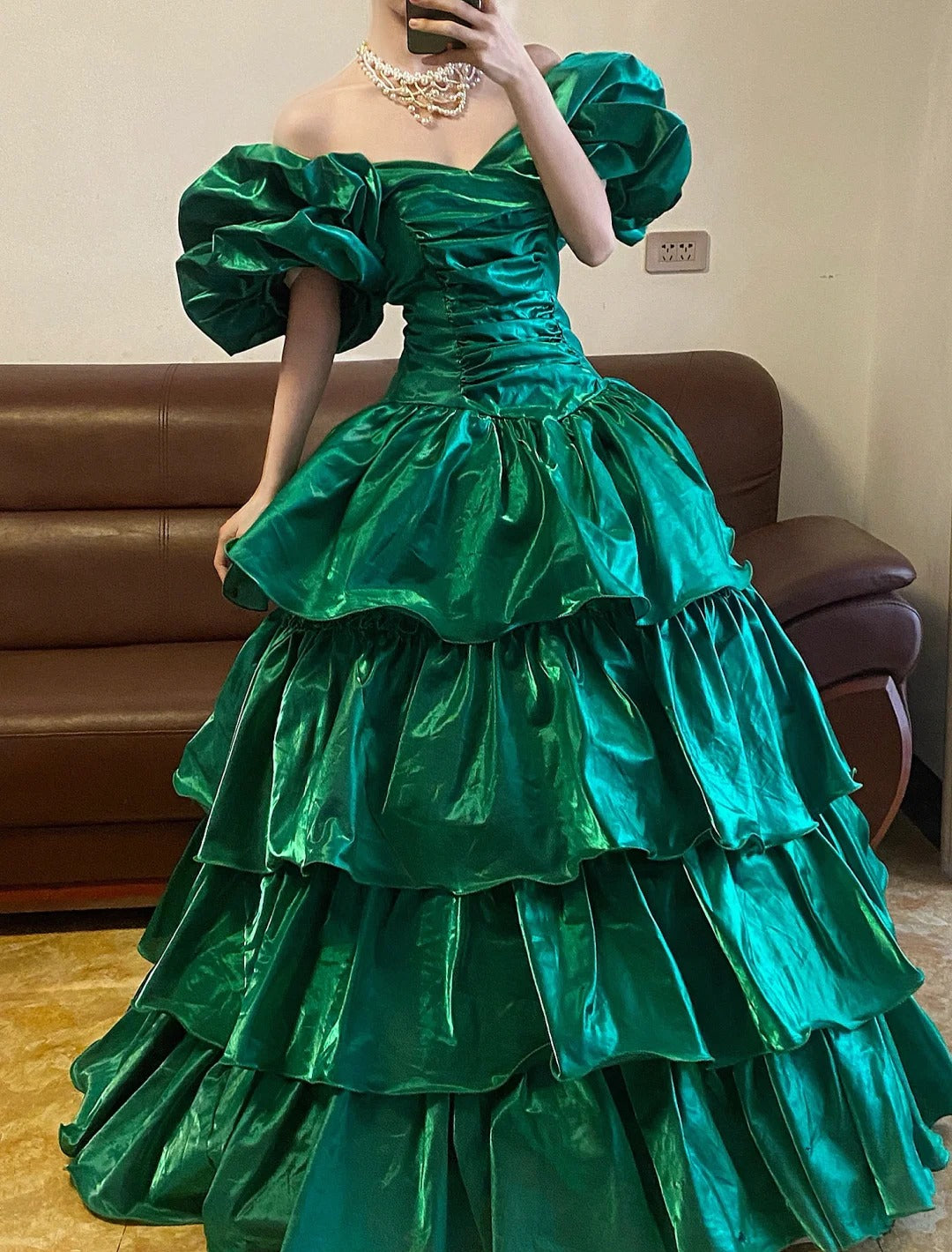 Sapphire Green Long Satin Ruffle Retro Fashion Long Satin Princess Ball Gown nv5047