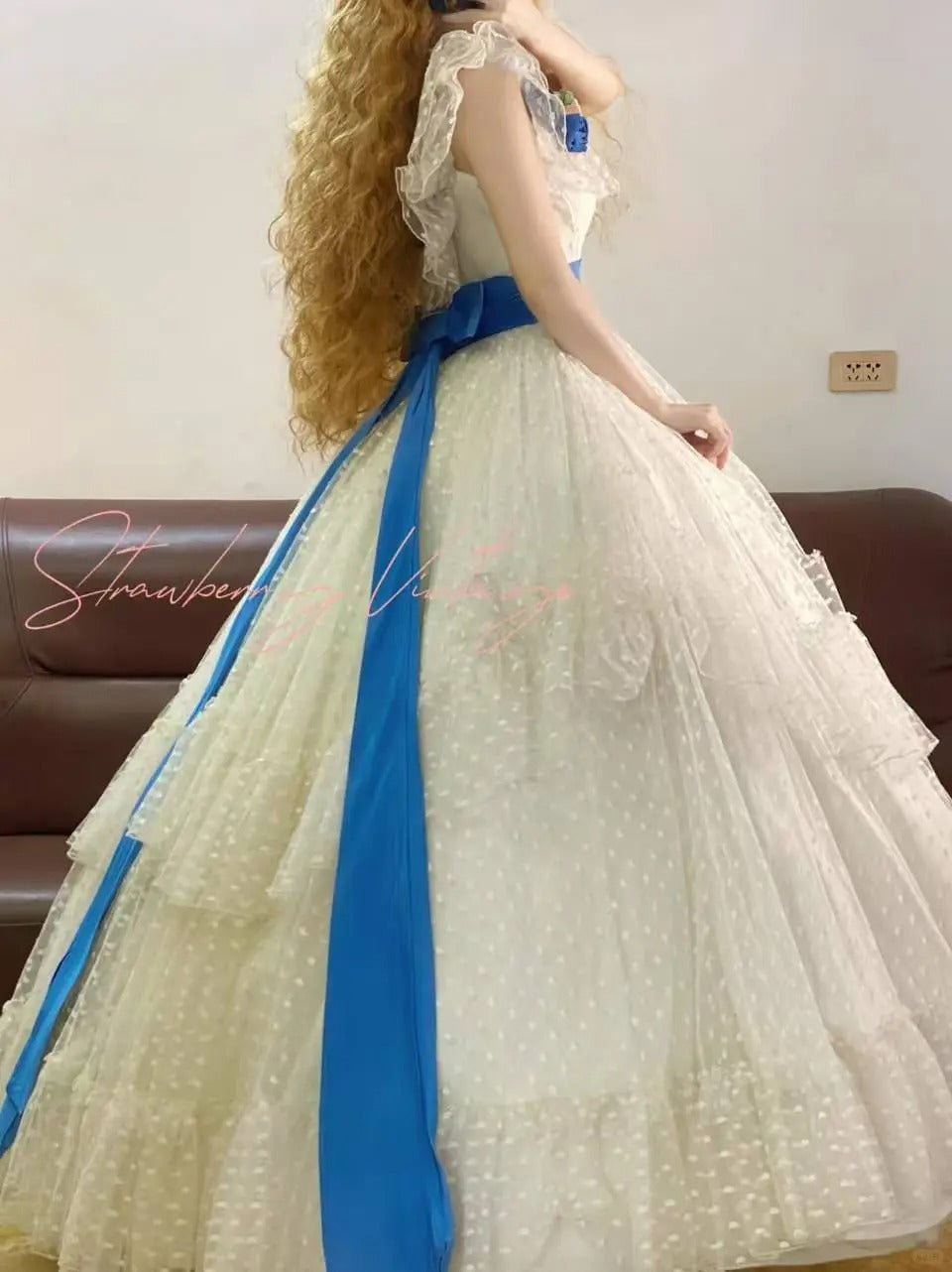 White blue floral vintage elegant long tulle ball gown evening dress nv5017