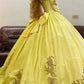 Yellow floral applique long vintage tulle ball gown nv4999