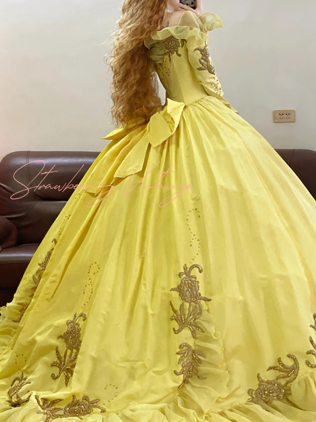 Yellow floral applique long vintage tulle ball gown nv4999