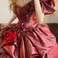 Rotes, florales, plissiertes, modisches, langes Prinzessinnen-Ballkleid aus Satin, NV5045