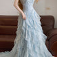 Blue beaded lace long tulle princess ball gown evening dress nv5044