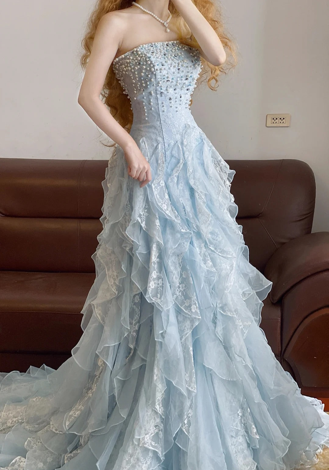 Blue beaded lace long tulle princess ball gown evening dress nv5044