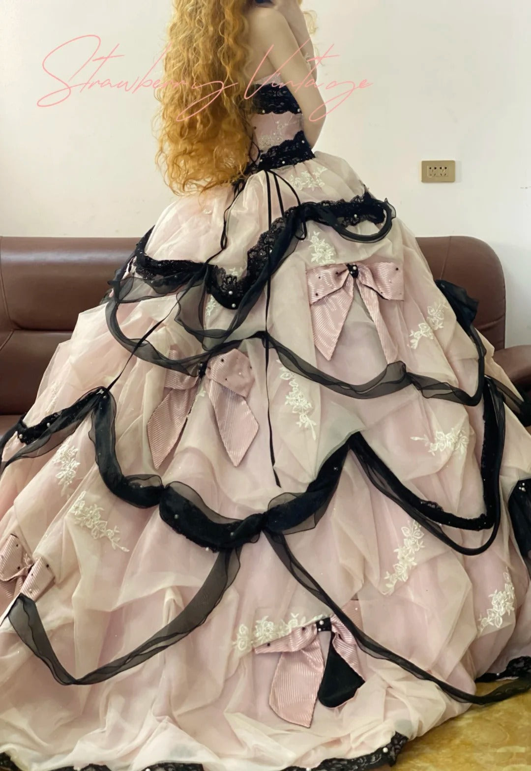 Rosa Spitze Schleife Vintage Elegante Lange Mehrlagige Prinzessin Tüll Ballkleid nv5027