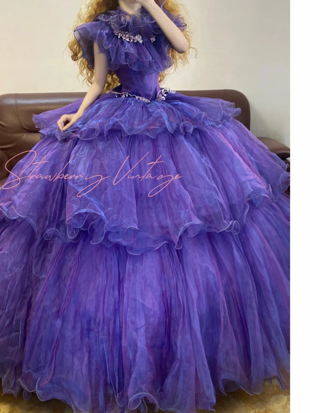 Purple applique vintage elegant long princess tulle ball gown nv5030