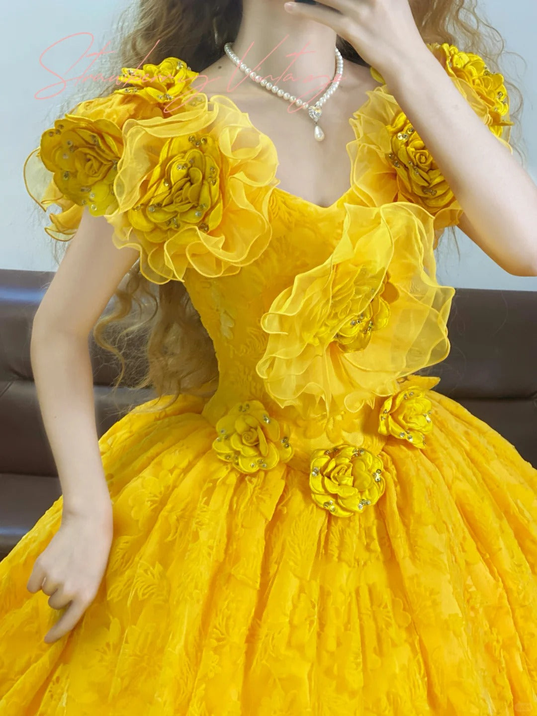 Yellow Floral Elegant Long Tulle Ball Gown nv5023