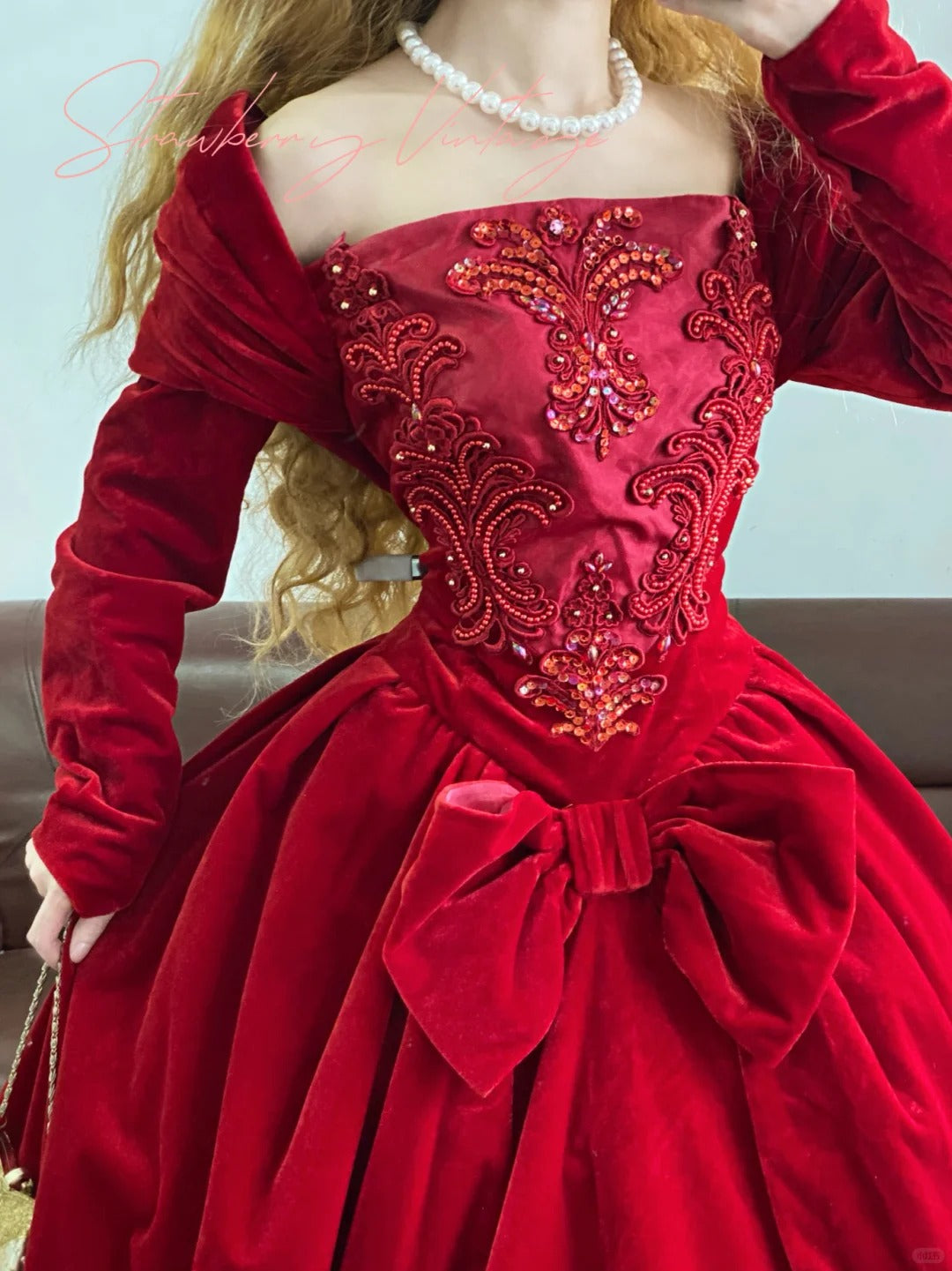 Red velvet beaded gorgeous retro elegant long princess ball gown nv5011