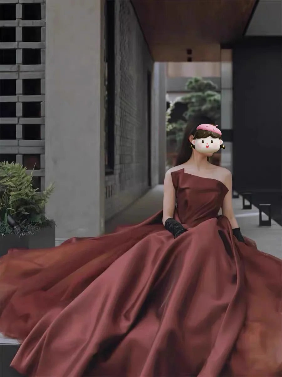 Caramel Color Simple Elegant Long Satin Tulle Ball Gown Evening Gown Birthday Gown Wedding Gown nv4157