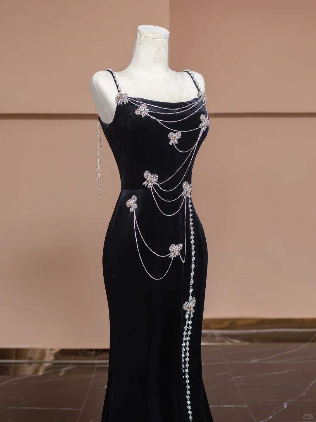 Black butterfly velvet long beaded prom dress evening gown nv5077